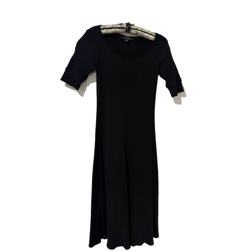 Lauren Ralph Lauren‎ Black Cotton Waffle Knit Midi Dress ~XS~A-Line Short Sleeve